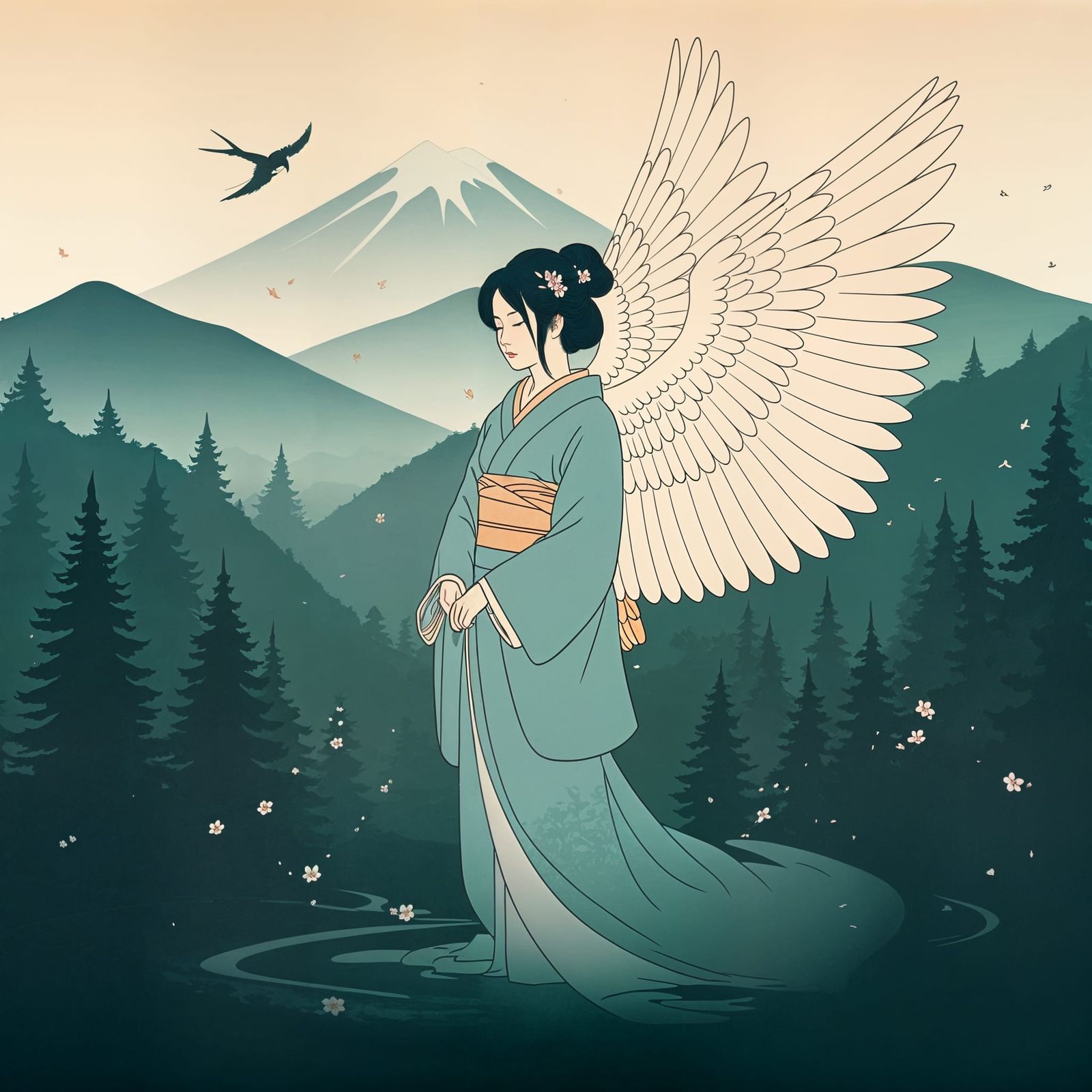 Ethereal Angel in Ukiyo-e Style
