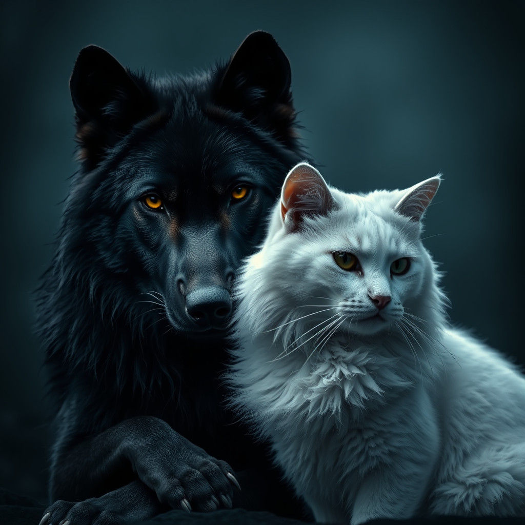 Majestic Black Wolf and White Cat in Hyperrealism