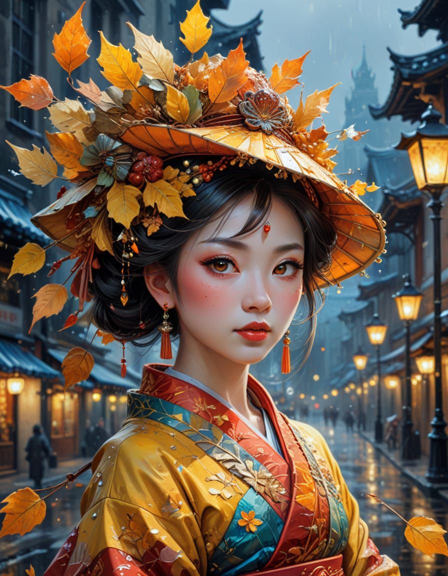 Oiran in Autumn Leaf Hat with Crystal Ice Accents