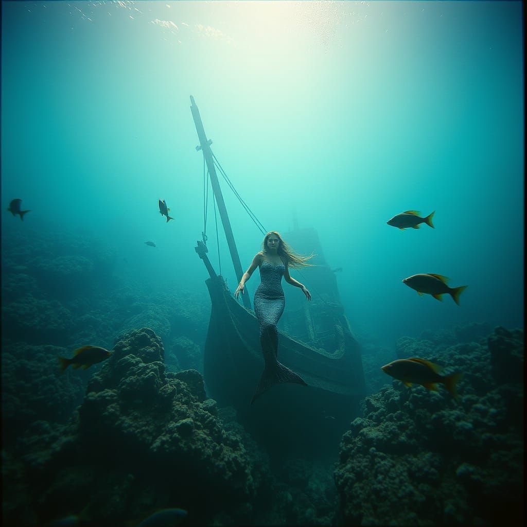 Mermaid Amidst Sunken Galleon in Tropical Ocean, Shark-Infes...