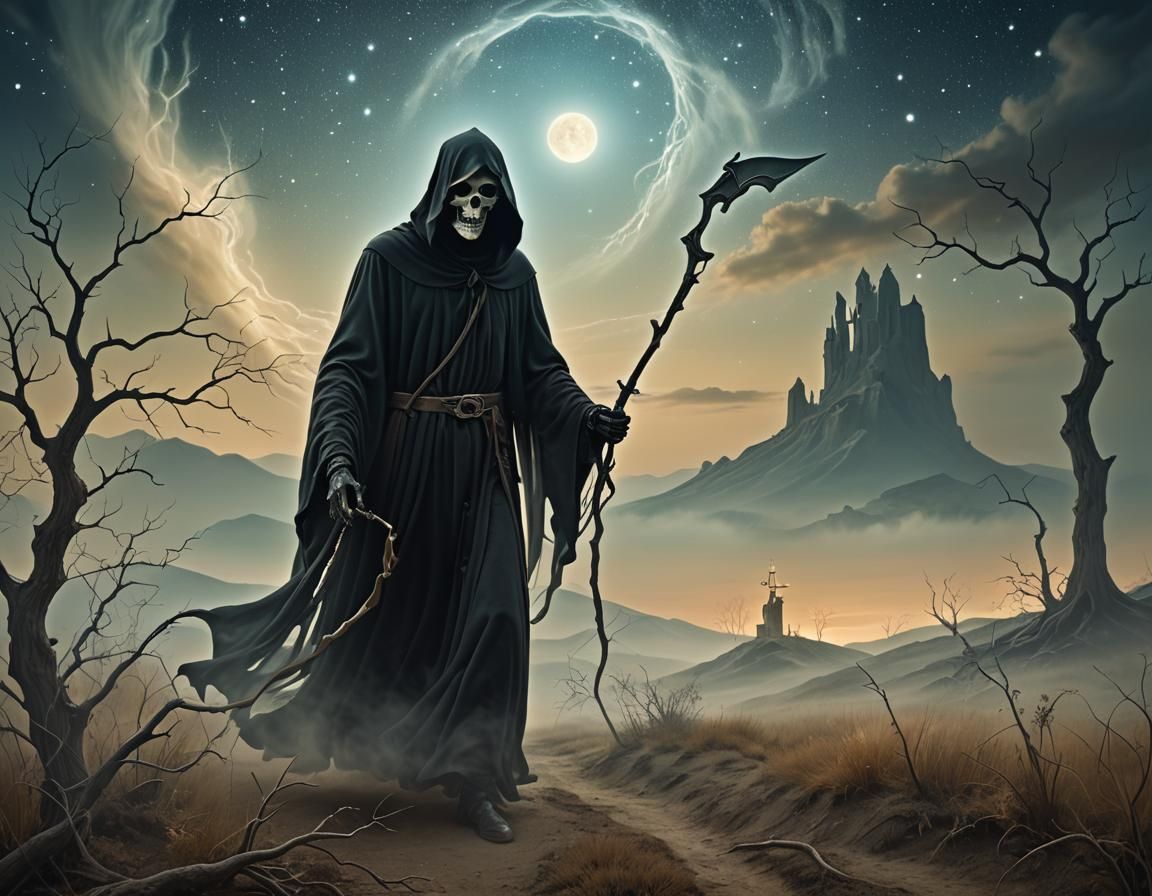 Ethereal Grim Reaper Guiding Soul Through Dreamscape