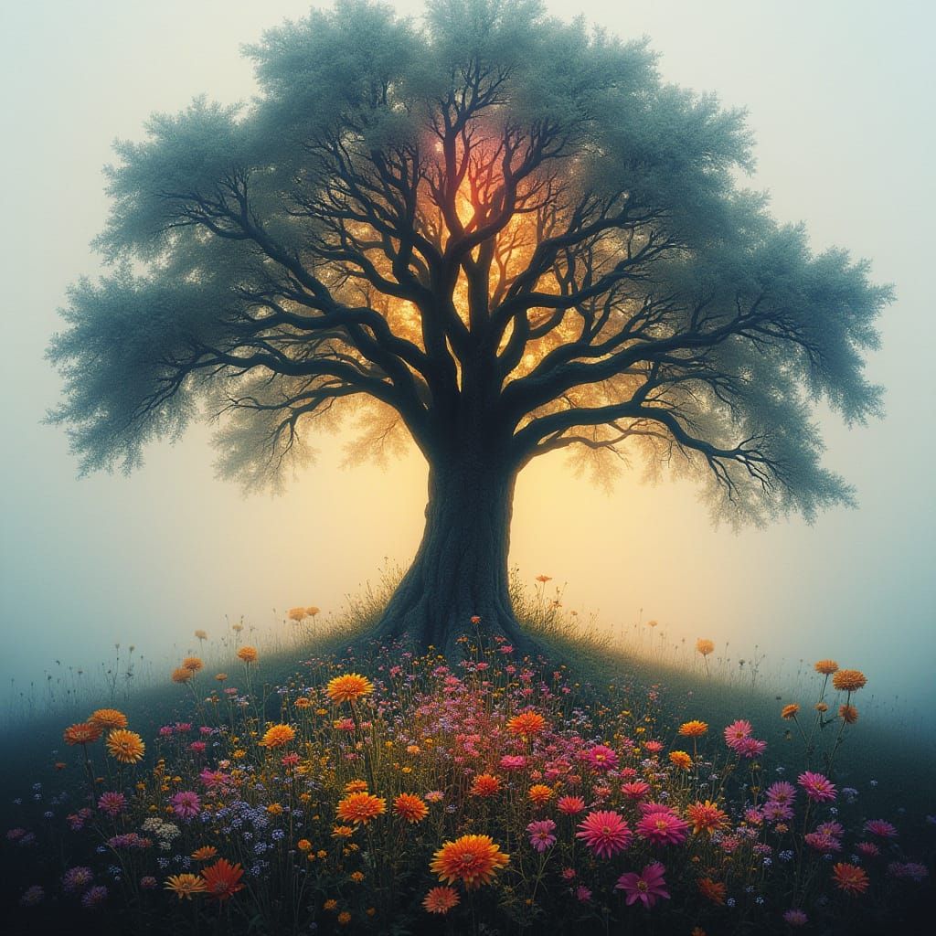 Surreal Oak Tree with Flower Garden Double Exposure