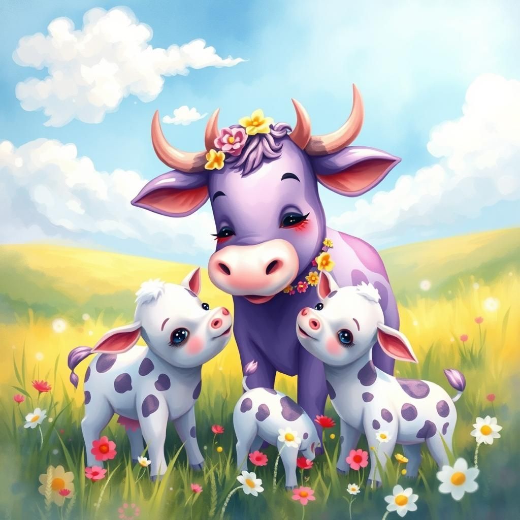 Milka Cow and Calves in Impressionist Meadow