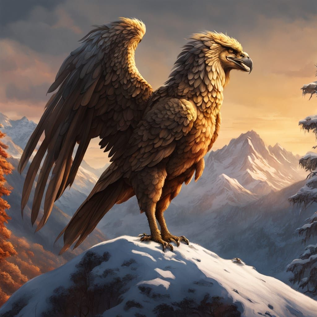 Golden Griffin on Snow-Capped Mountain Peak at Sunset