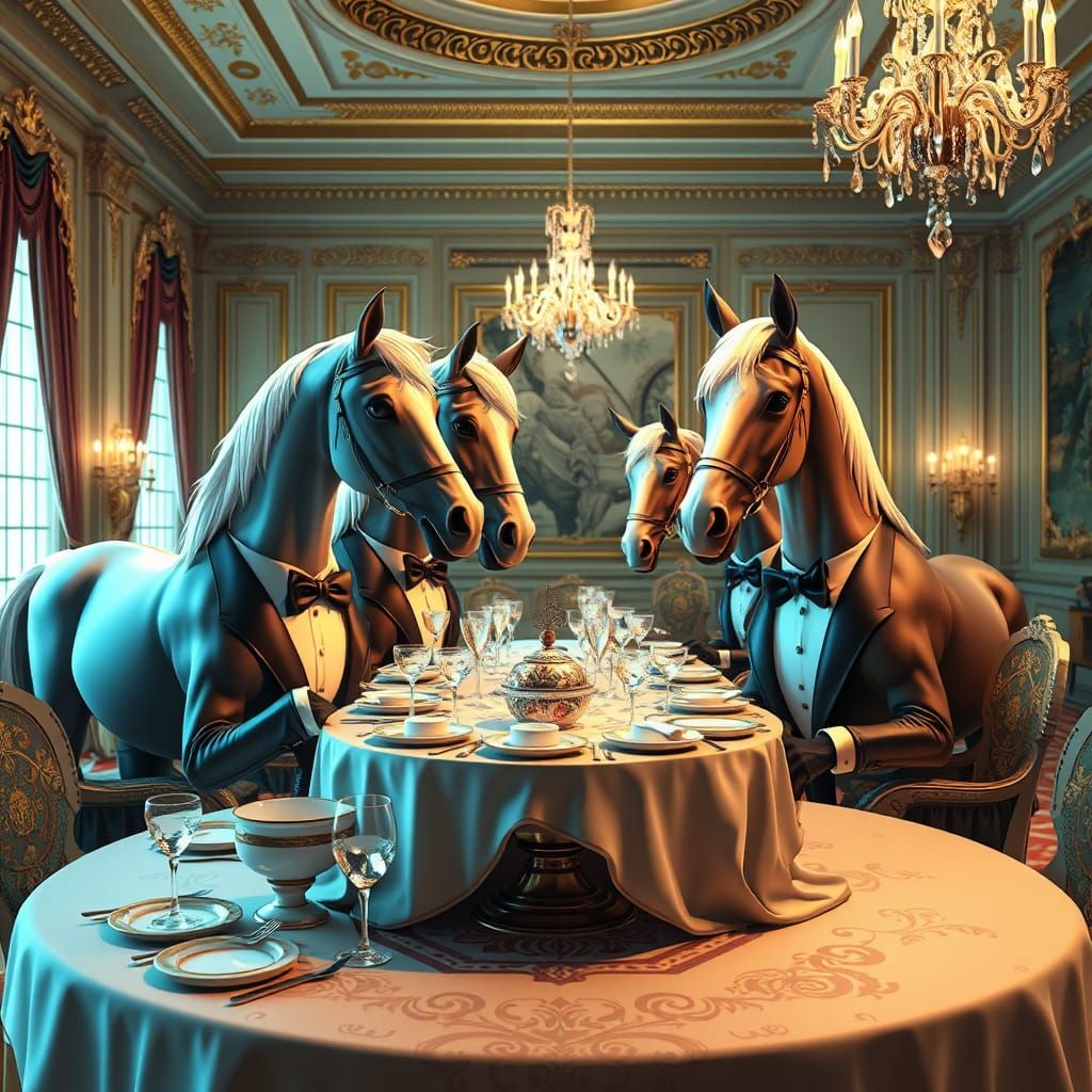 Horses Serve Dinner in Luxurious Ballroom, 3D Anime Style