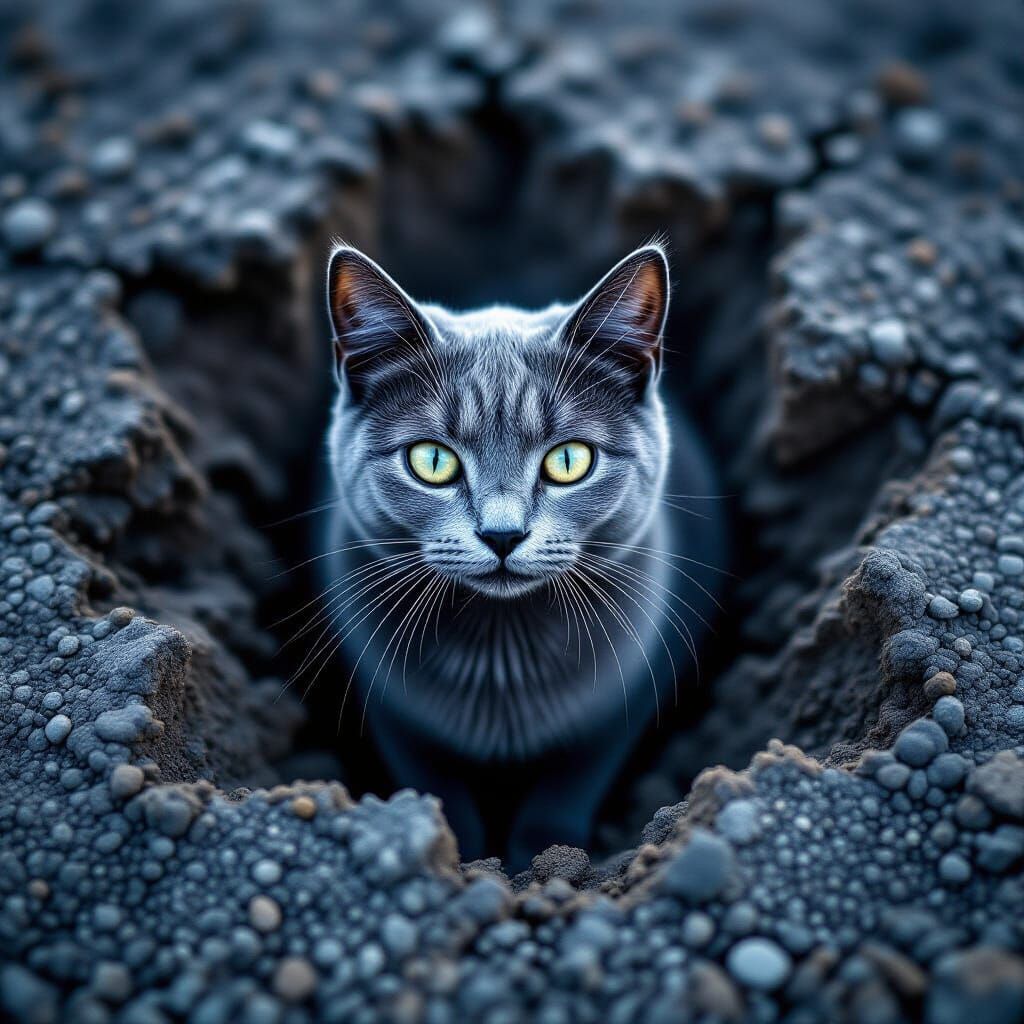 Hyperrealistic Blue Grey Cat on Lunar Crater