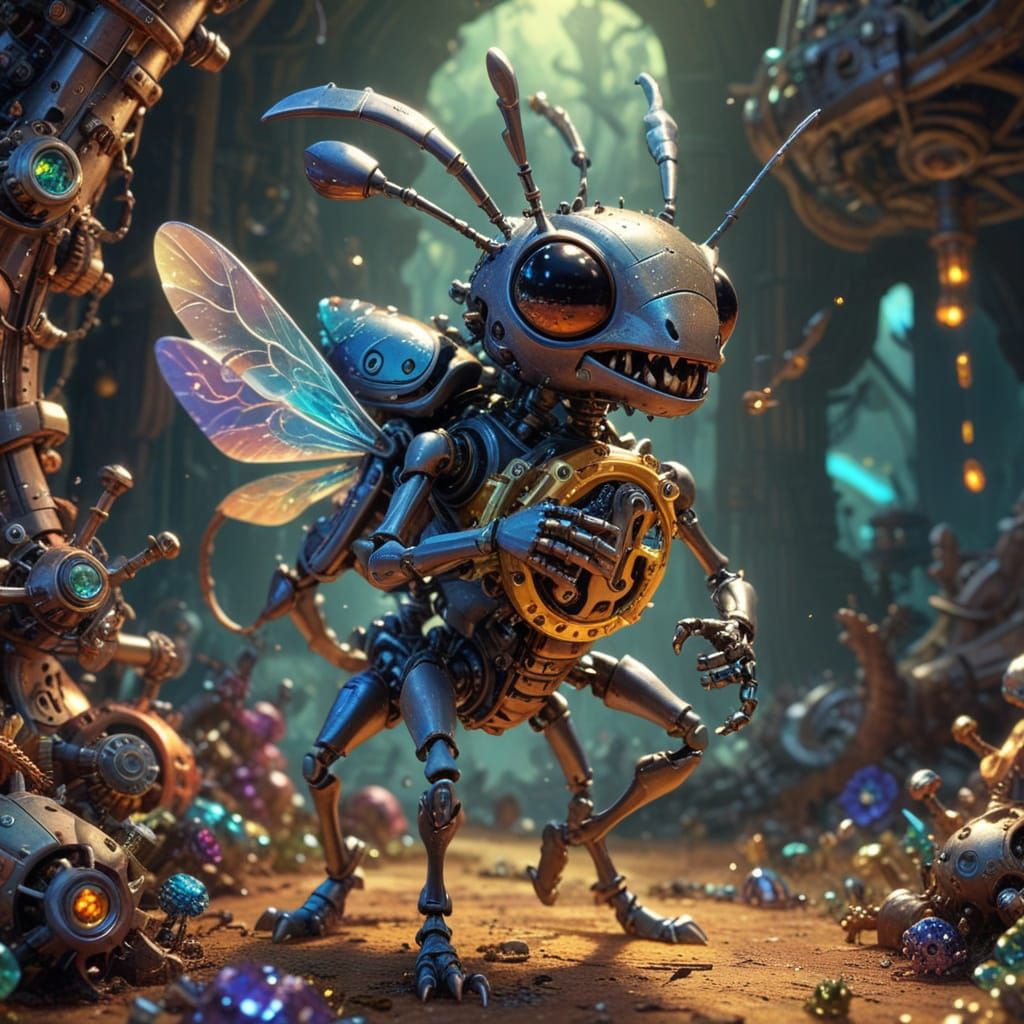 Steampunk Wrench-Shaped Ant in Vibrant Digital Art