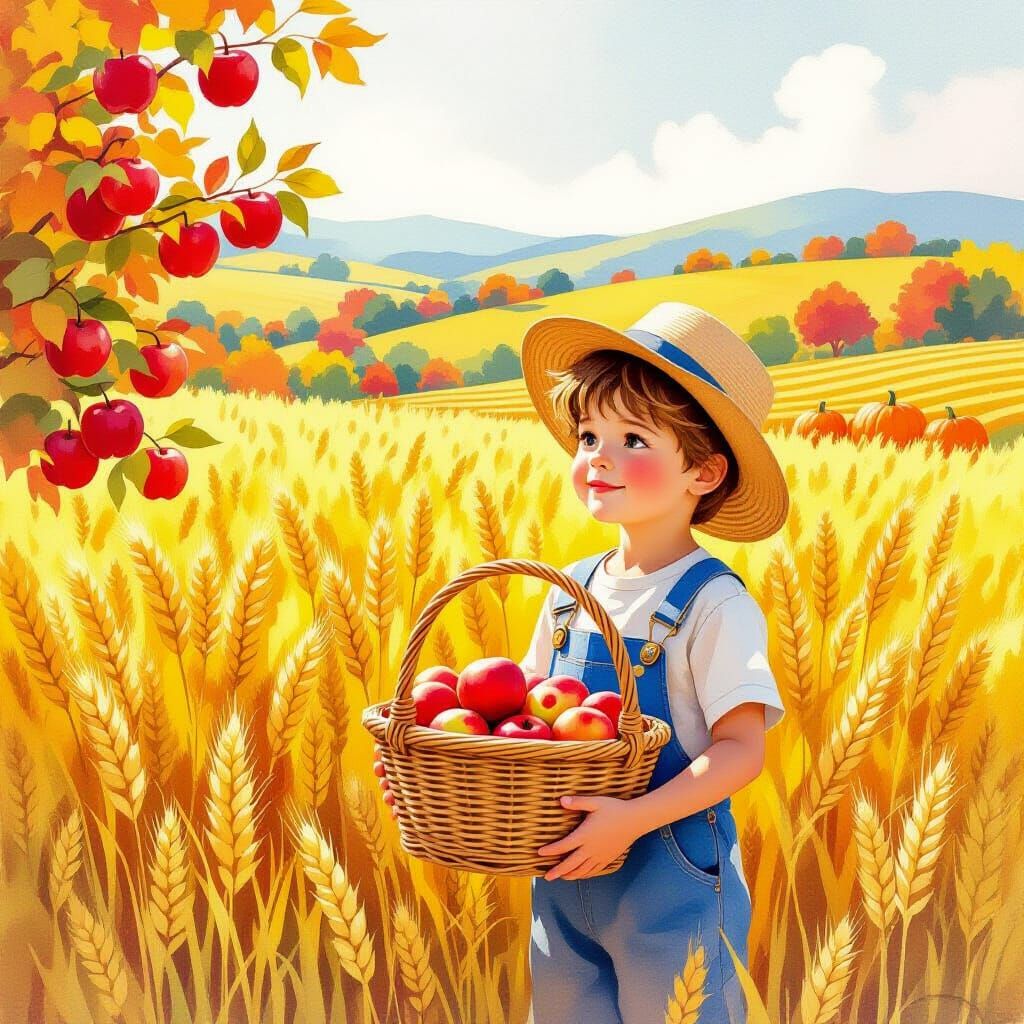 Boy in Sun-Drenched Wheat Field Holding Apple Basket