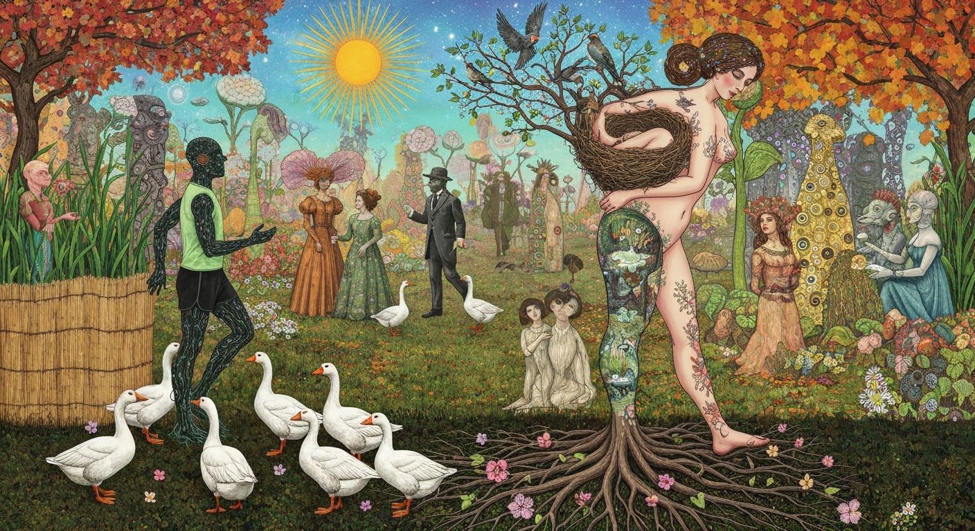 Folkloric Robot Twins in Surreal Eco-Art Garden