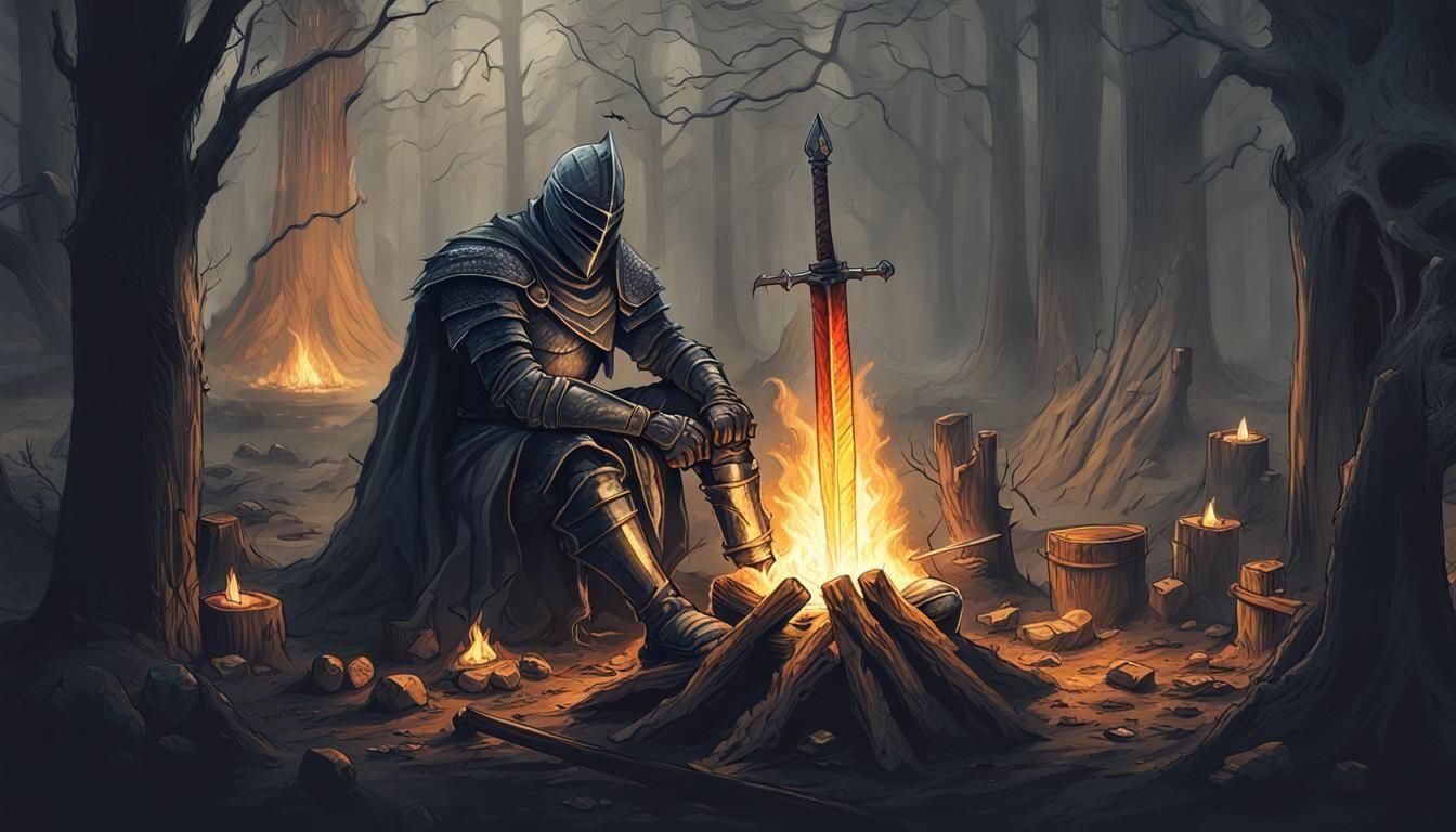 Dark Souls Knight at Bonfire in Eerie Forest