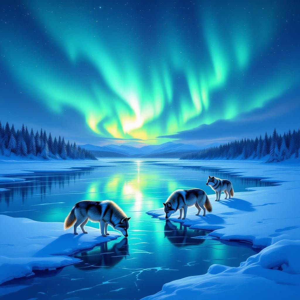 Majestic Aurora Reflected on Frozen Lake with Wolves
