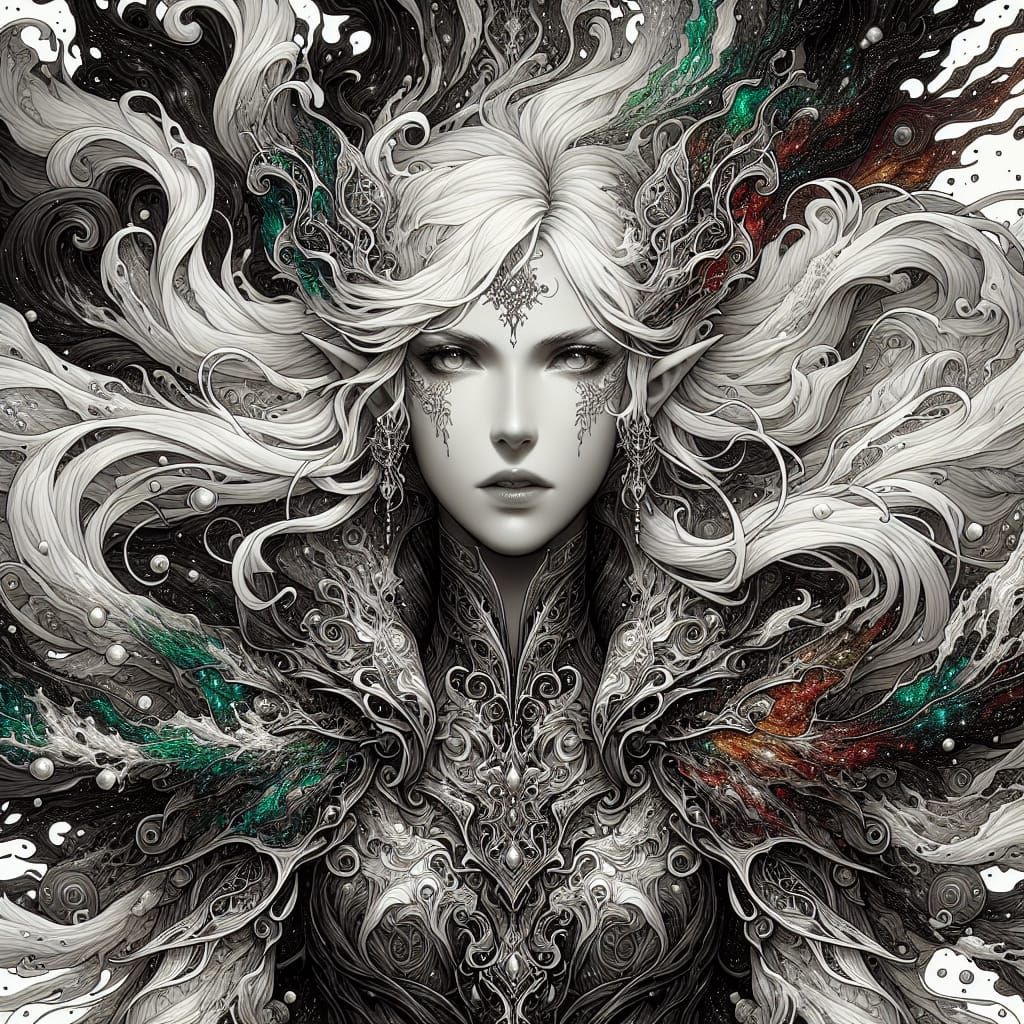 Create a hyper-realistic and intricate 8K resolution artwork of a Female Elf warlock