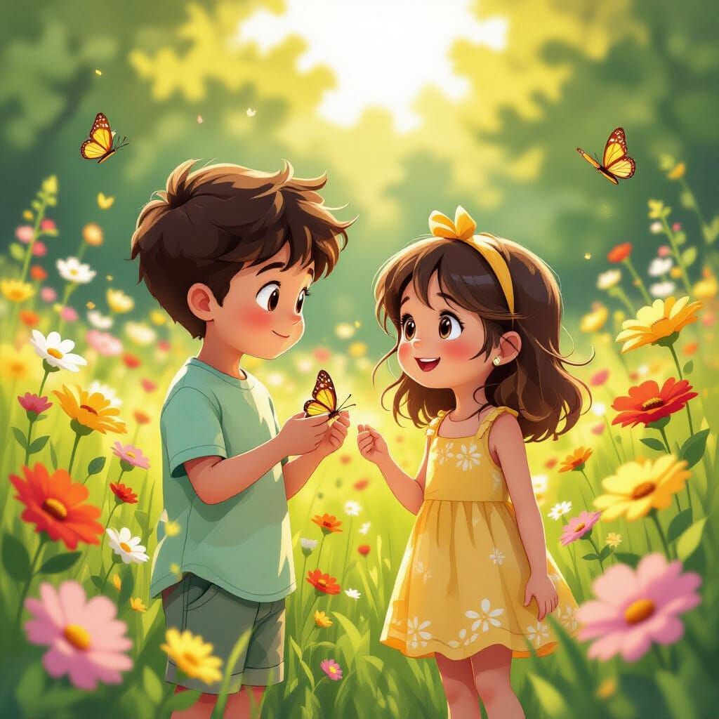 Cartoon Style: Children Searching for Butterflies
