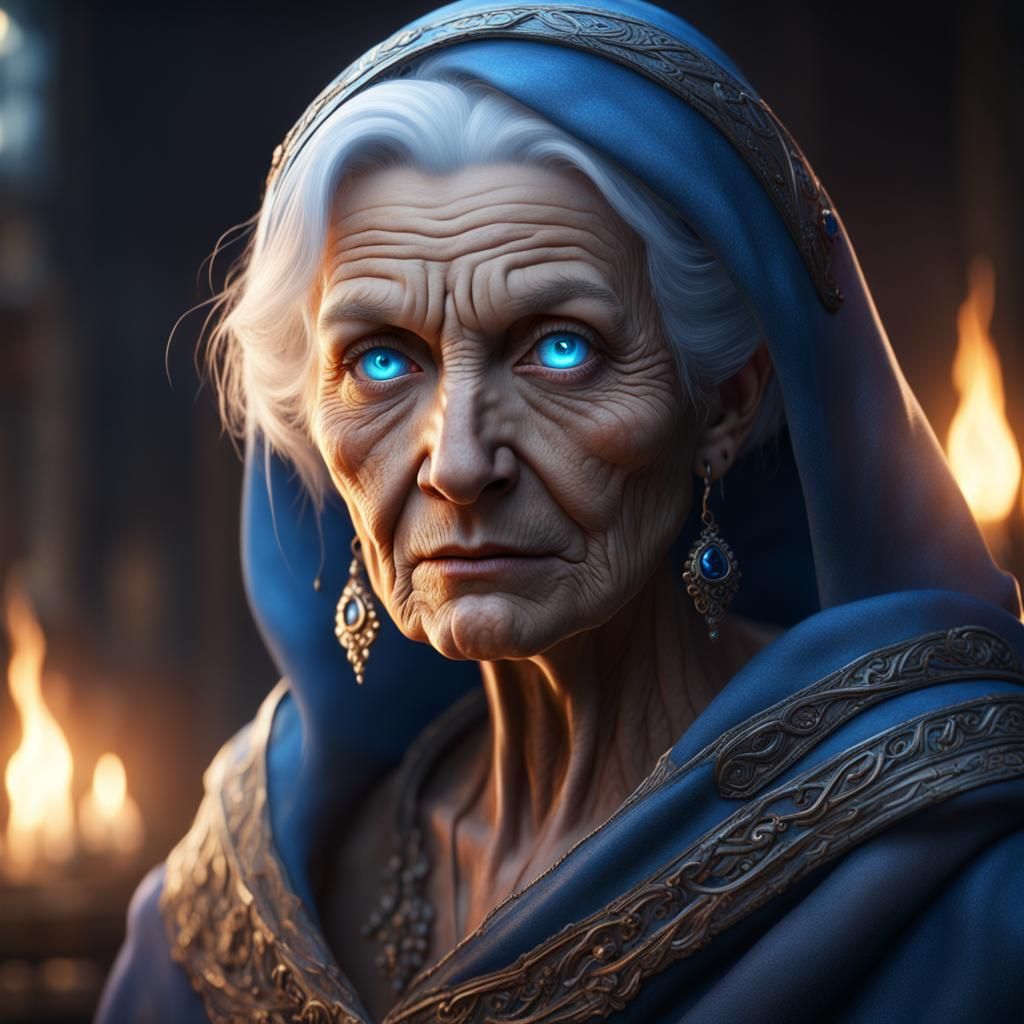 Old Woman with Glowing Blue Eyes: Fantasy Art