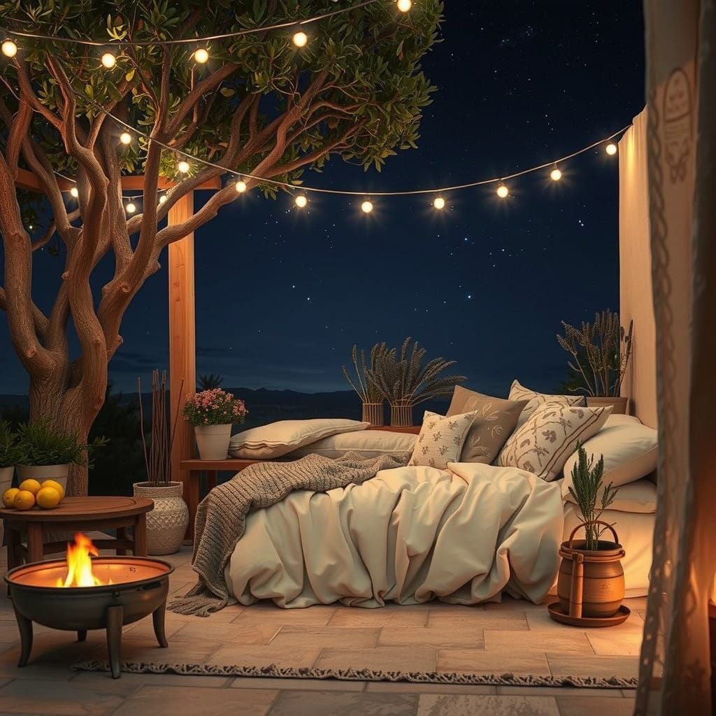 Cozy Mediterranean Oasis Under Starry Night Sky