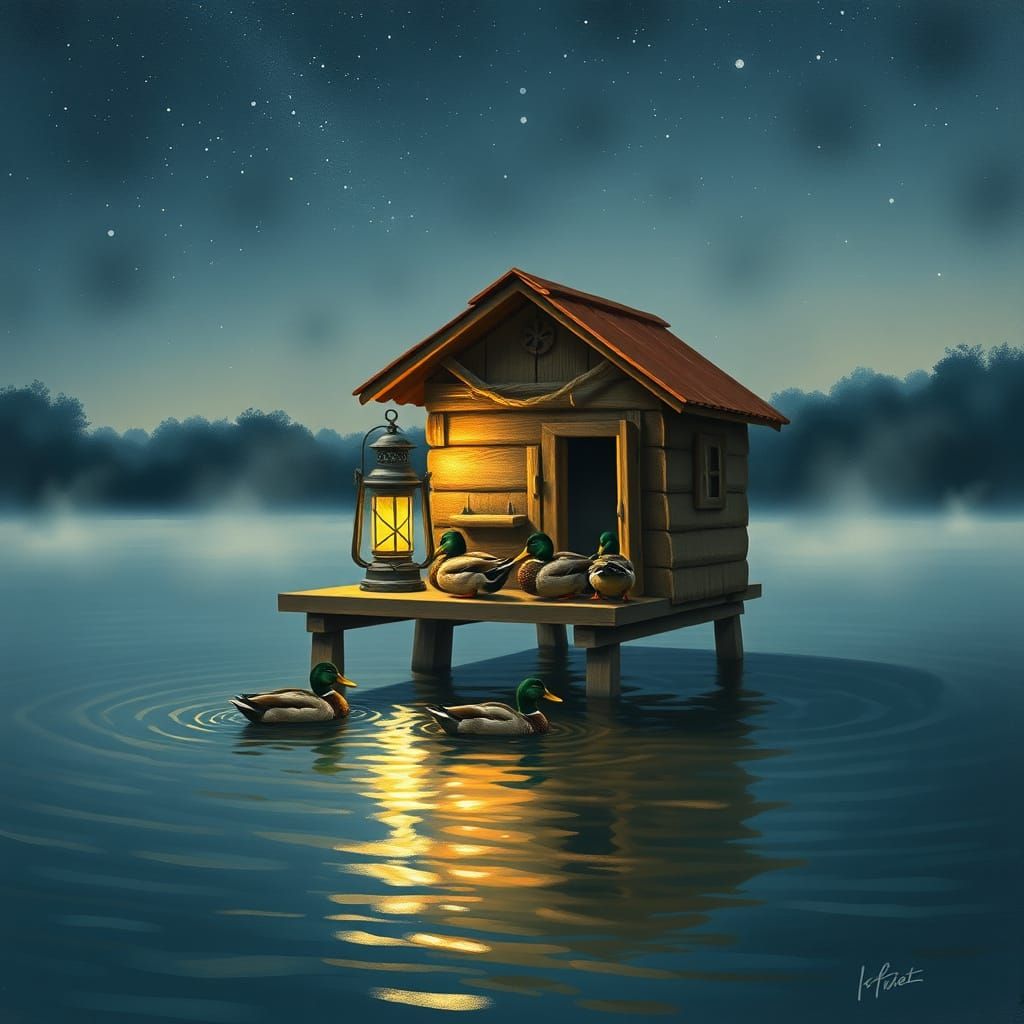 Rustic Duck House on Pond, Impressionist Style