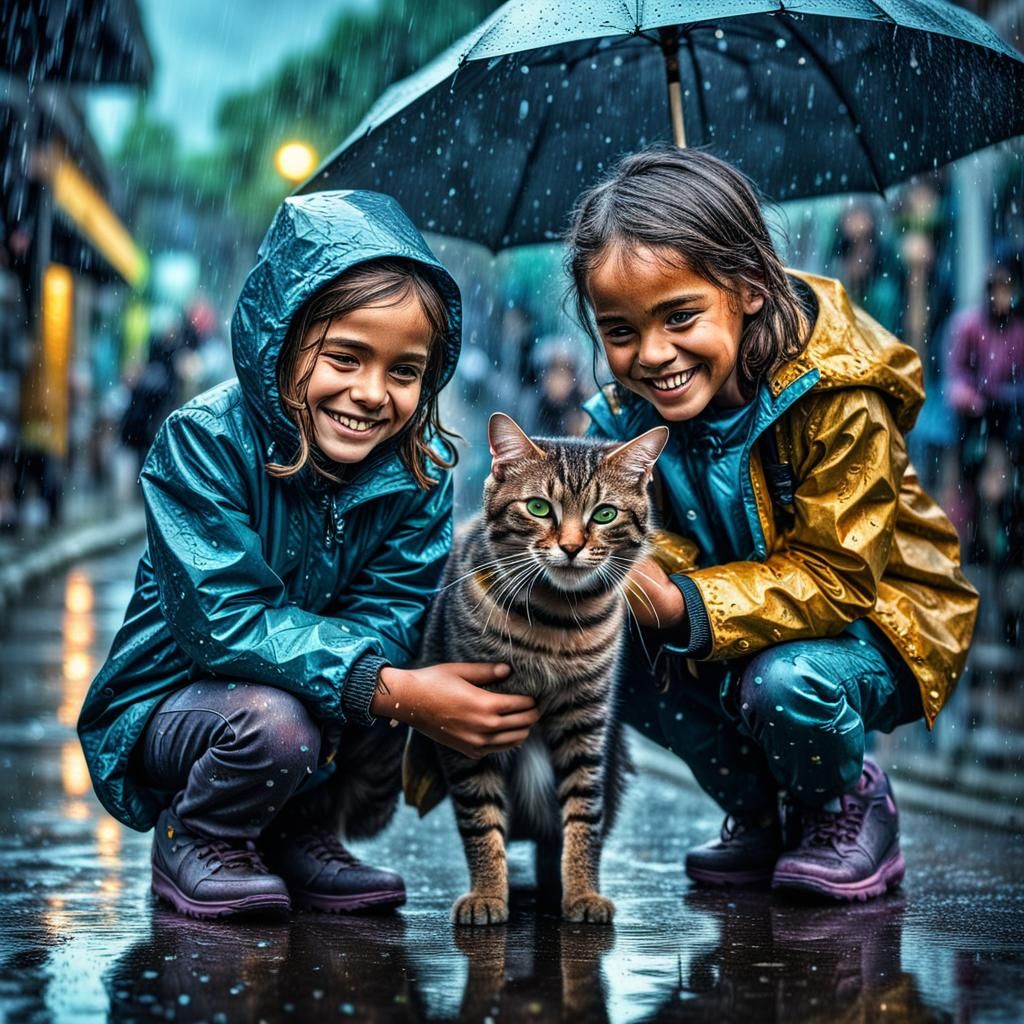 Children and Cats Playing in Iridescent Rain