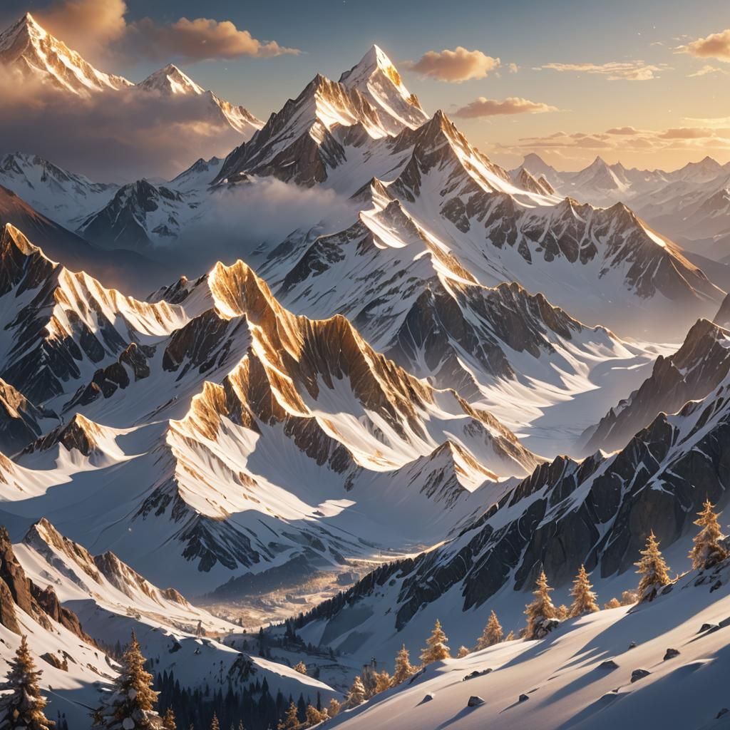 Ethereal Snowy Peaks: Fantasy Concept Art in Golden Light