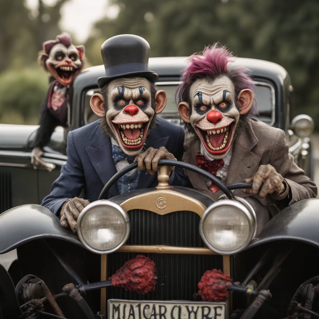 Zombie Monkey Clowns in 1930s Coupe
