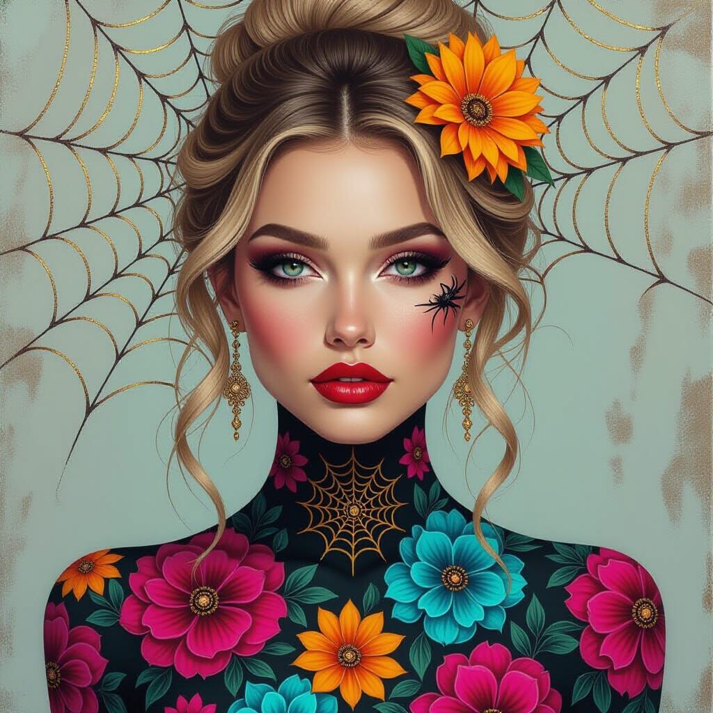 Hyperrealistic Woman With Floral Spiderweb Body Art