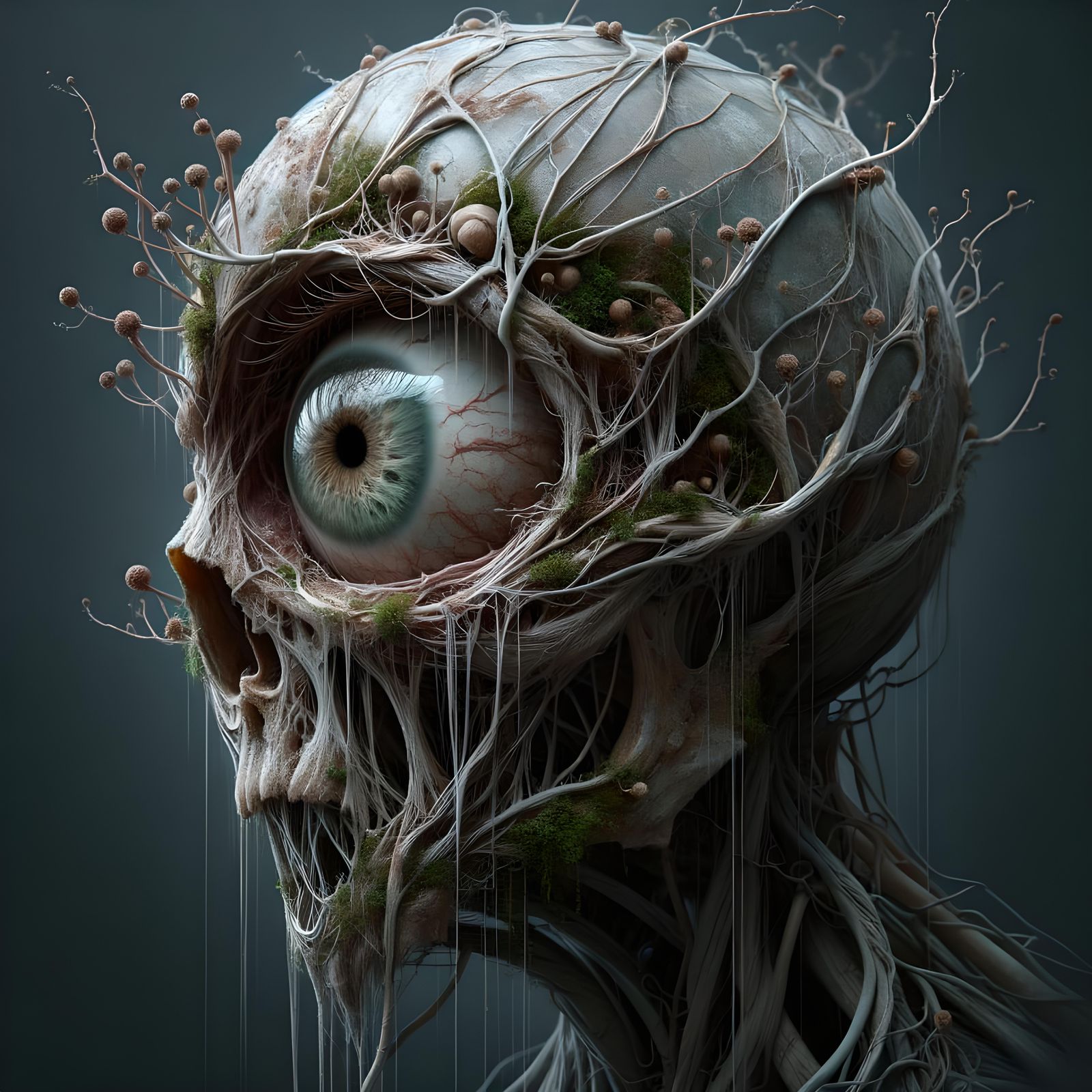 Eerie Moss-Covered Eyeball Monster Concept Art