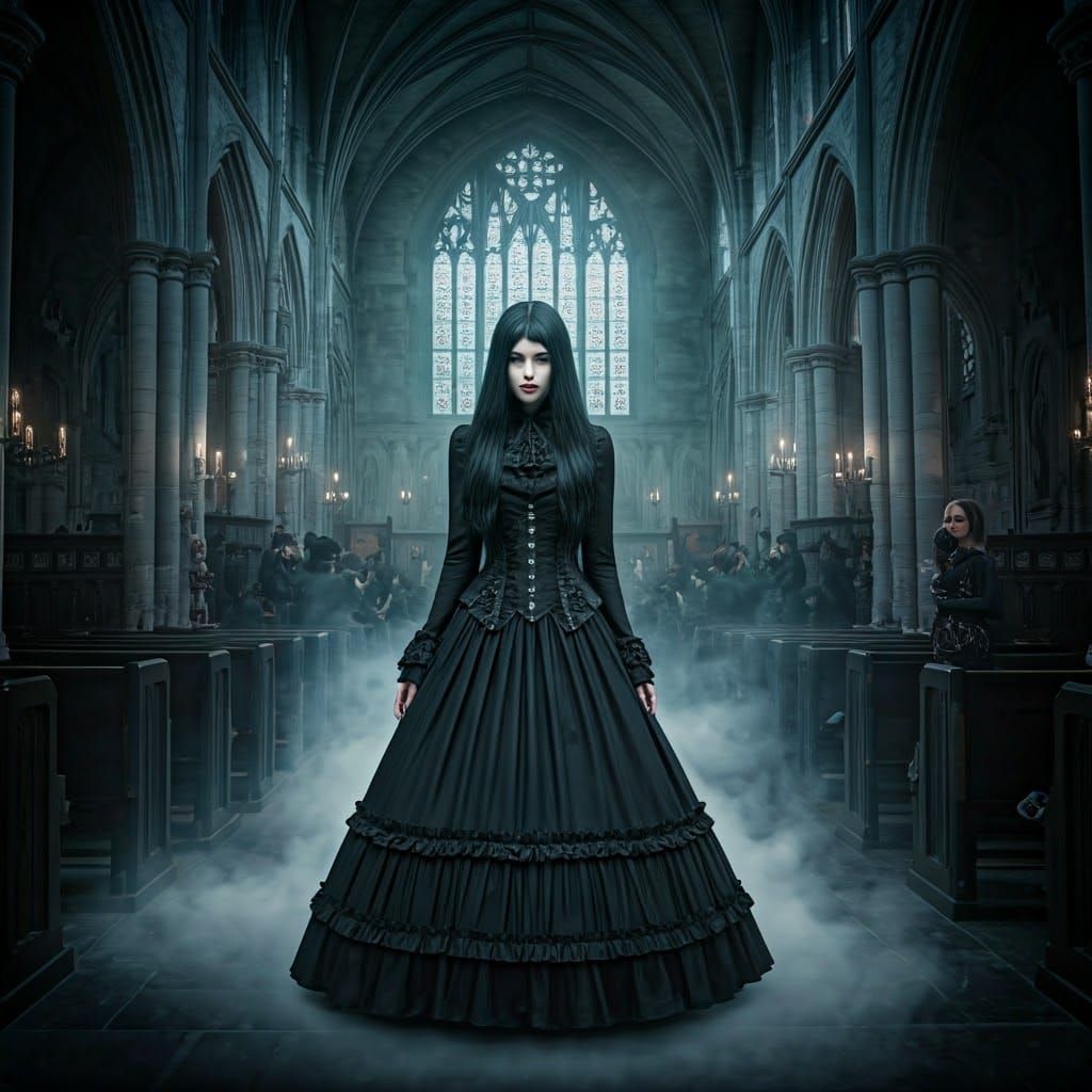 Ethereal Gothic Figures in Ancient Church, Dreamscape