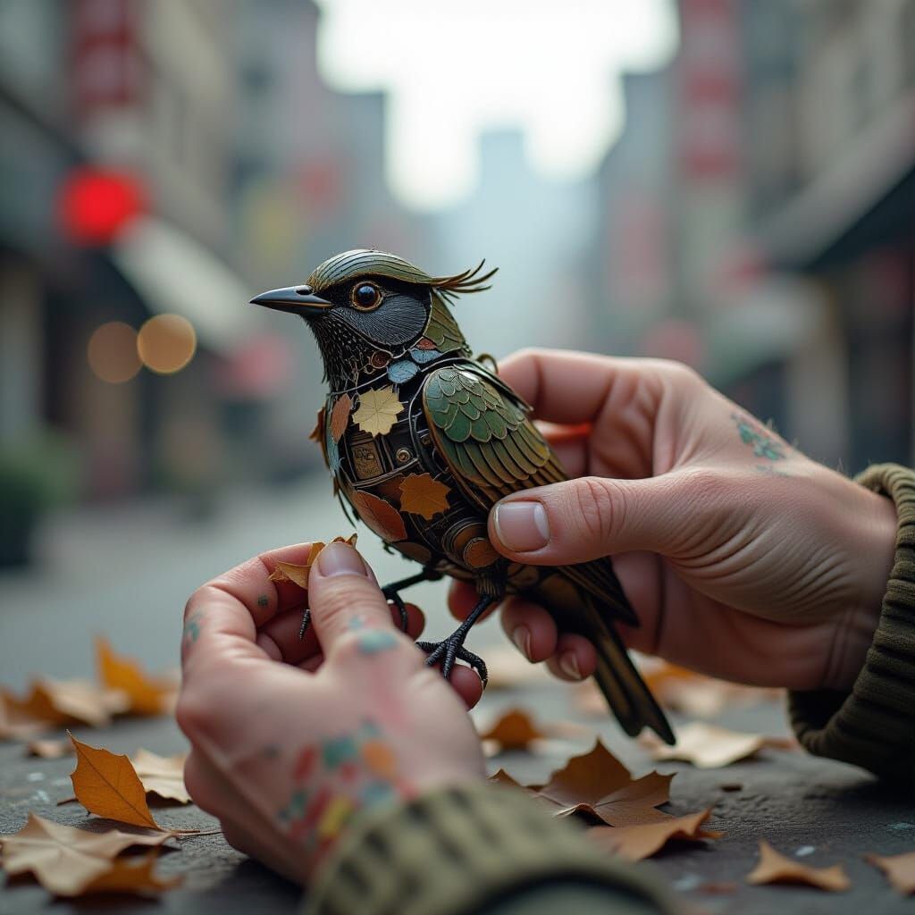 Hands Assemble Mechanical Bird from Urban Scraps