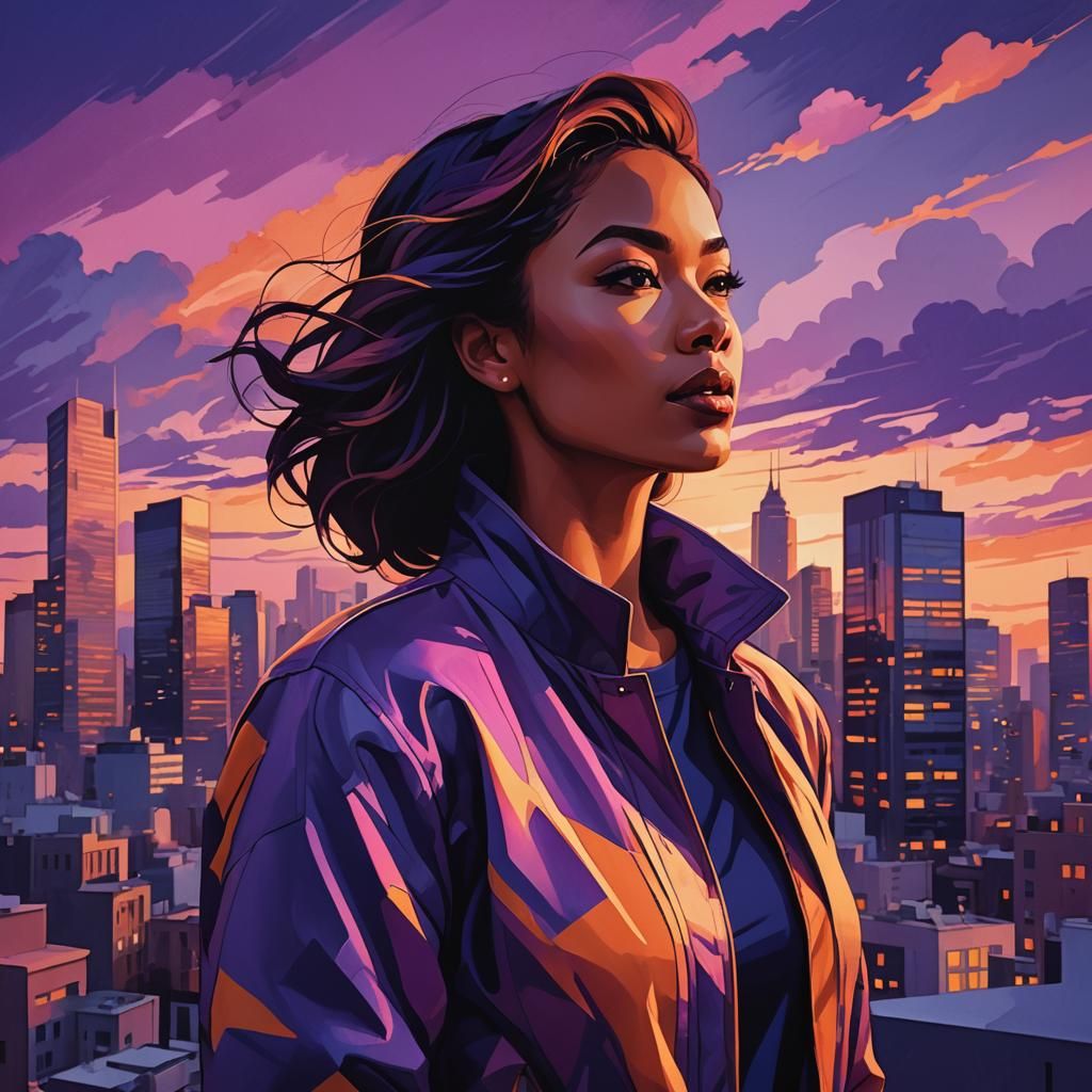 Woman in Cityscape at Dusk in Minimalist Pop Art