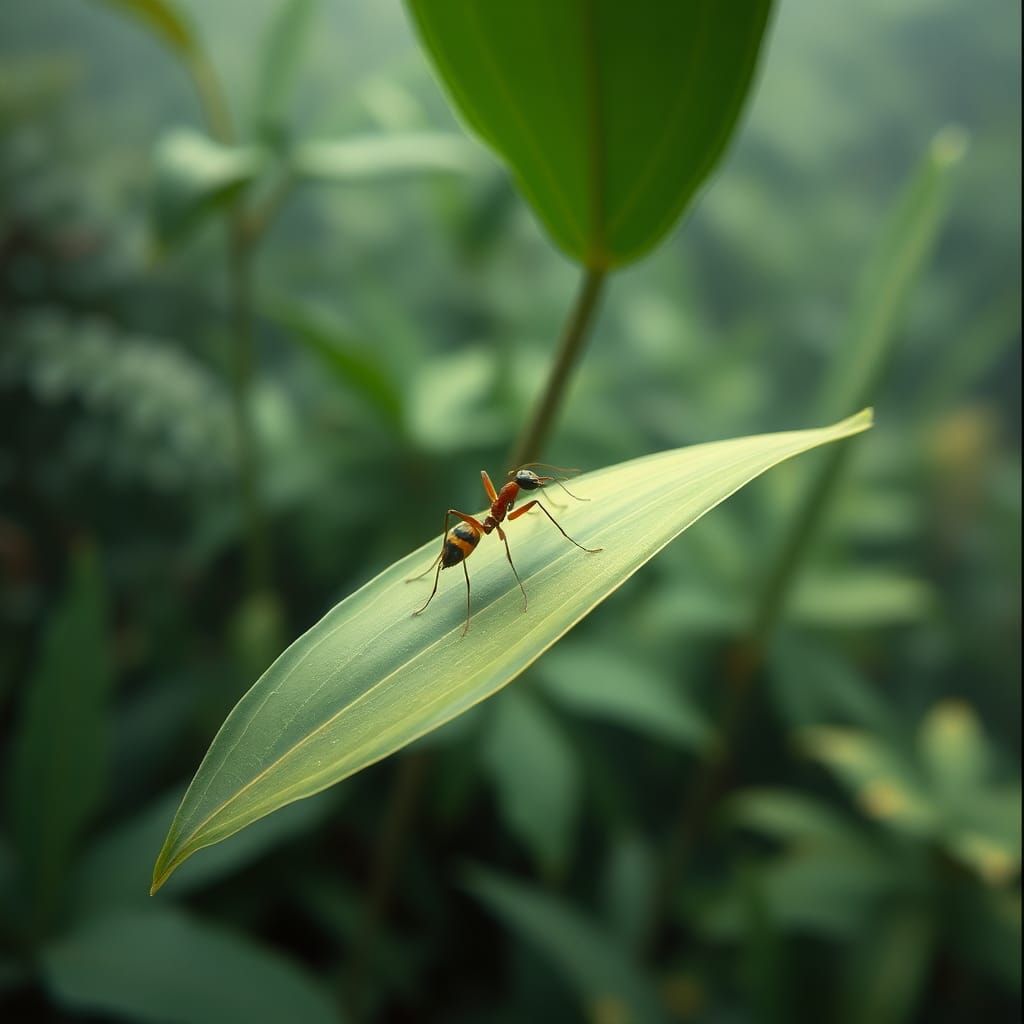 Ant Surfing on Leaf Above Jungle Canopy