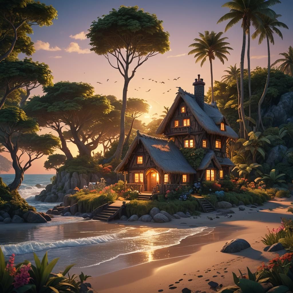 Beach Cottage at Sunset: Detailed Matte Painting