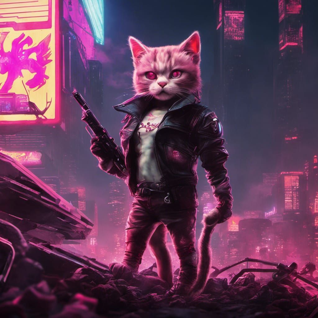 Cyberpunk Cat: Planet Destroyer in Neon Retro Style