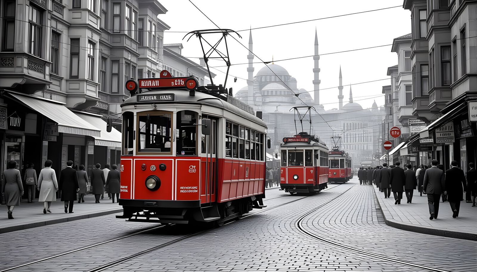 Vintage Istanbul: Red Tram in Black and White