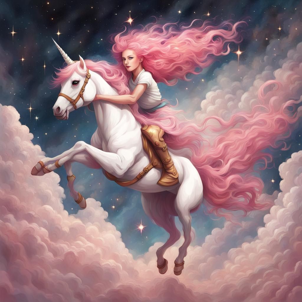 Pink-Haired Girl on Unicorn Ascending from Earth