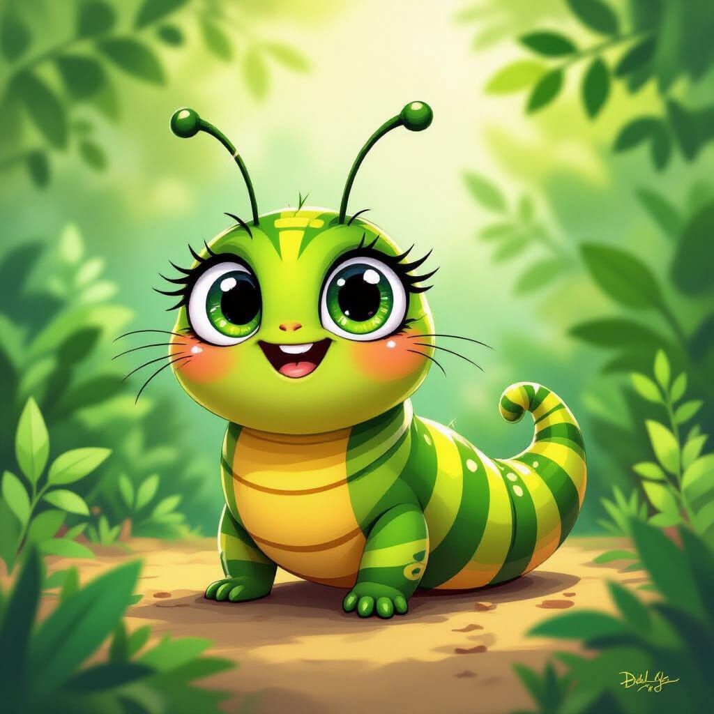 Excited Caterpillar Cartoon in Vibrant Green Stripes