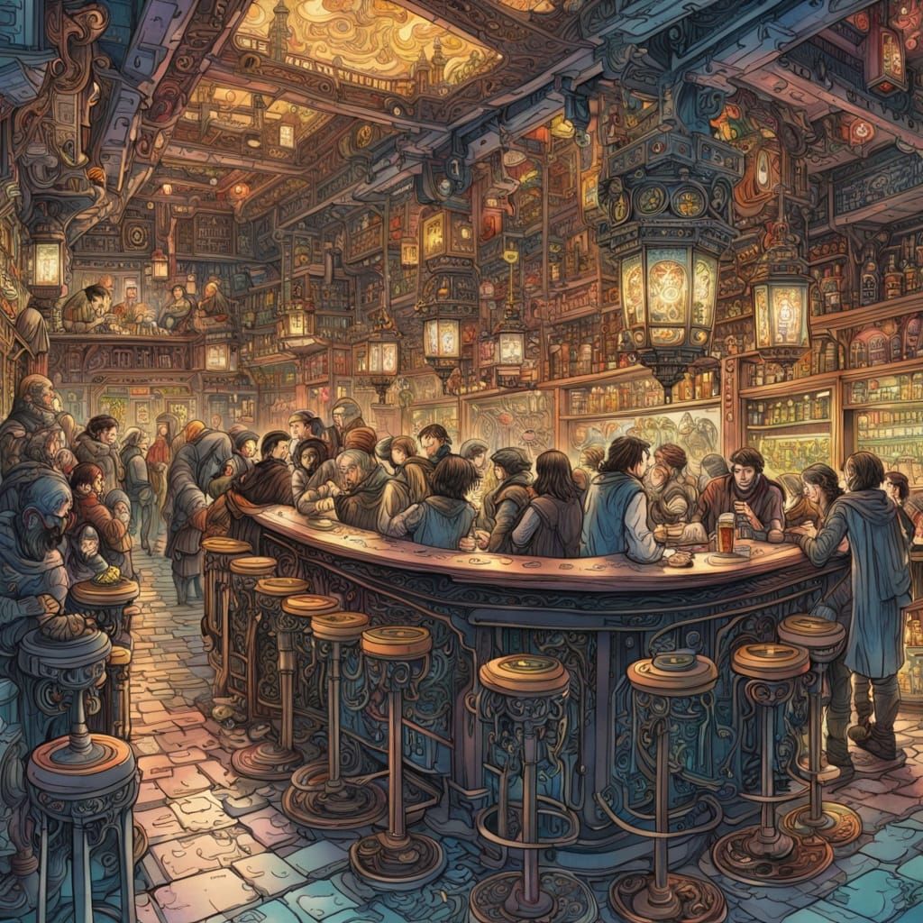 Crowded Tavern with Magical Drink Dispenser