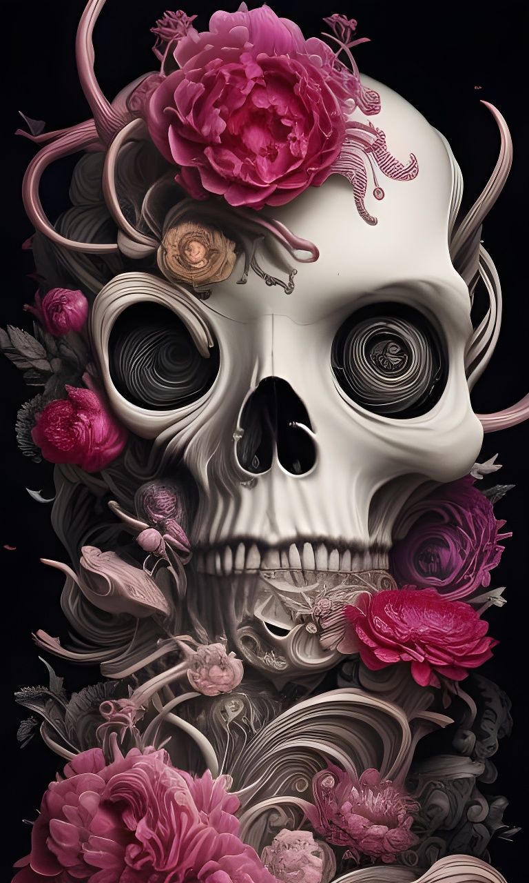 Peonies and Liquid Skulls: Intricate Ink Illustration