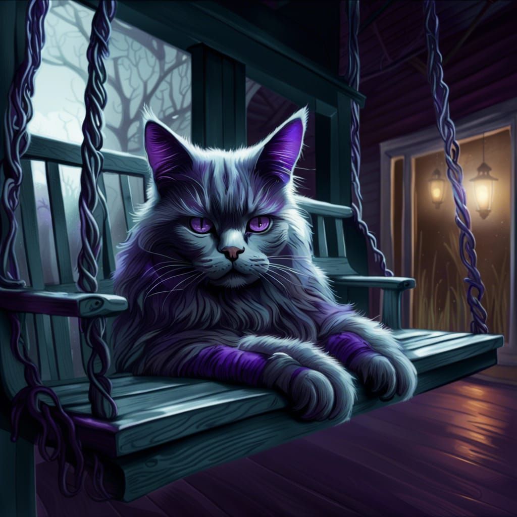 Creepy Possessed Cat on Porch Swing, Dreamlike Vision