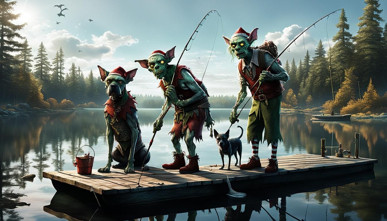 Zombies as Elves Fishing on a Lake Dock