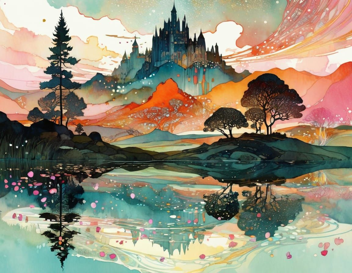 Whimsical Fairytale Landscape at Sunset