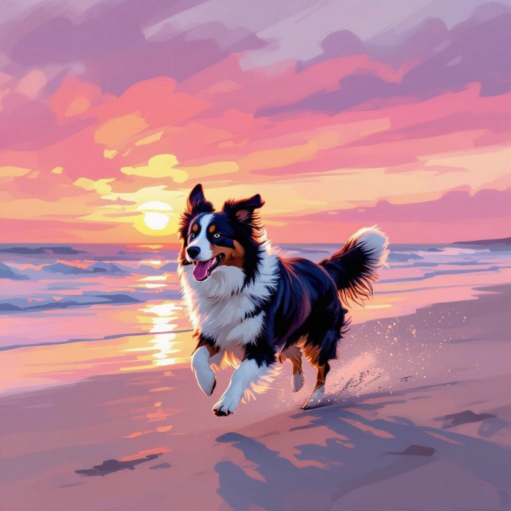 Border Collie Runs on Beach at Sunset: Impressionism
