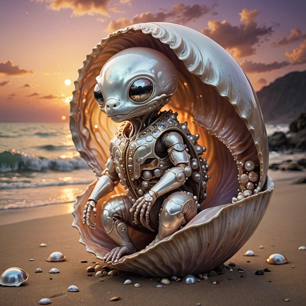 Harmonious Alien in Shell at Sunset