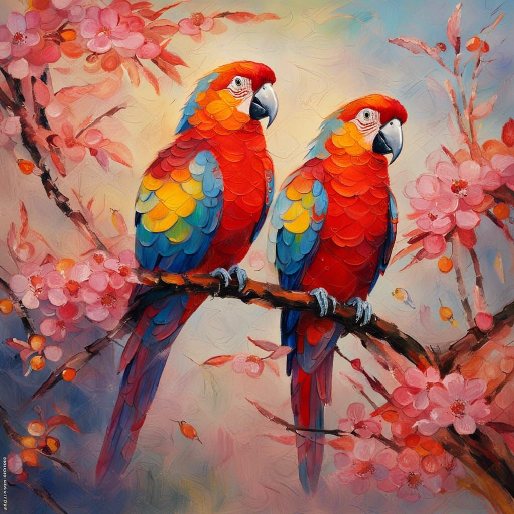 Red Parrots on Sakura Tree: Impressionist Oil Painting