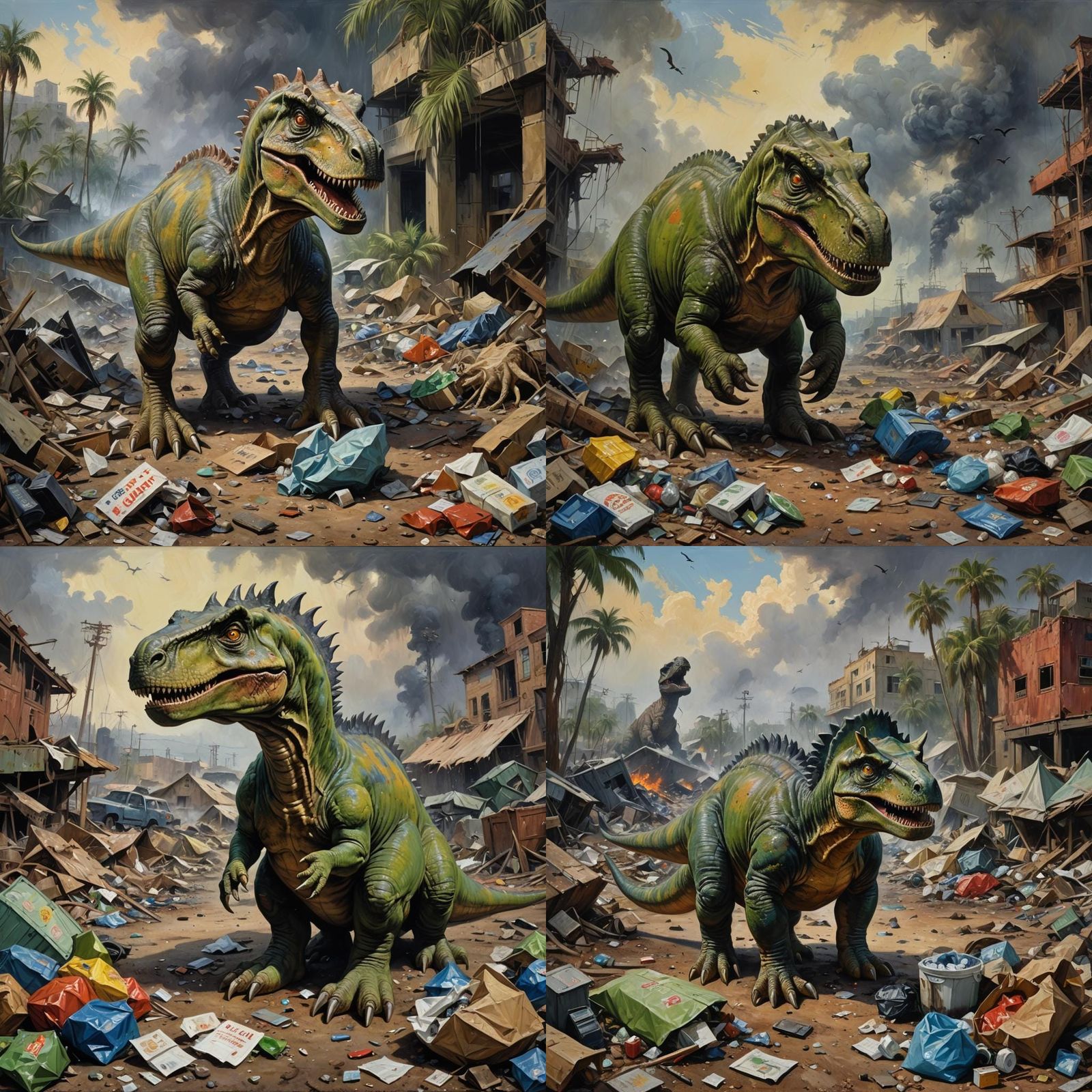 Dinosaur Cries Over Polluted Earth, Oil Painting