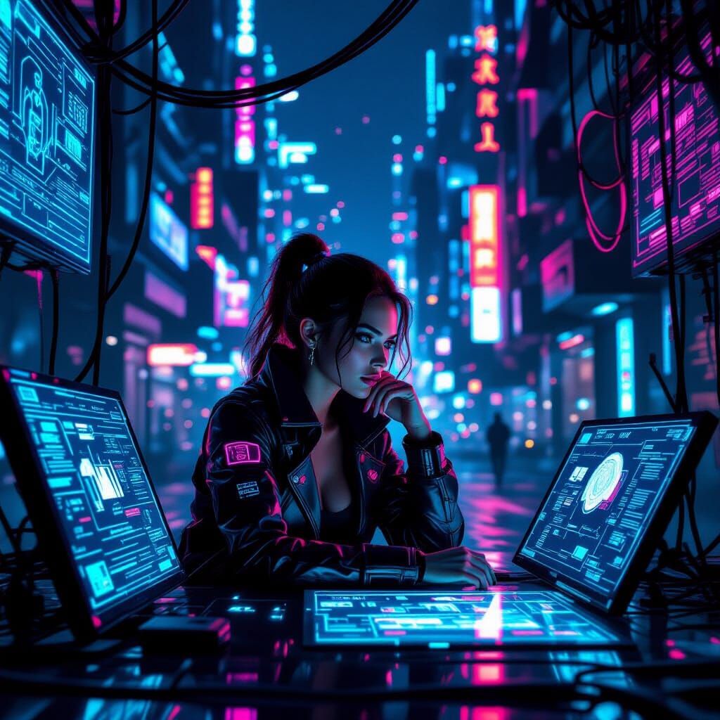 Futuristic Woman Contemplates Existence in Cyberpunk Citysca...
