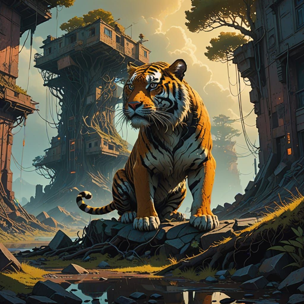 Majestic Tiger-Fish Hybrid in Ancient Ruins