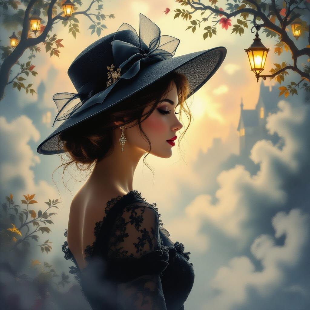 Woman in Cake Hat Gazing Through Ethereal Mist