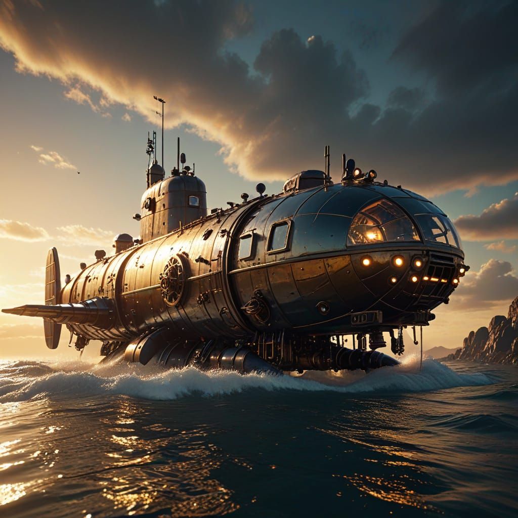Steampunk Submarine Emerges from Europa's Golden Hour
