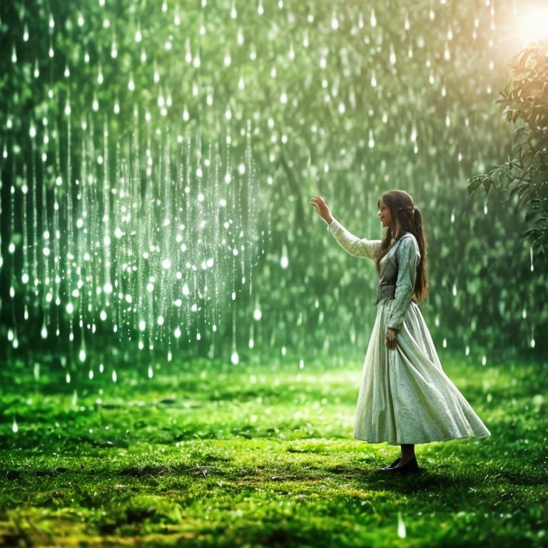Girl in Fairy-Tale Forest During Rainfall