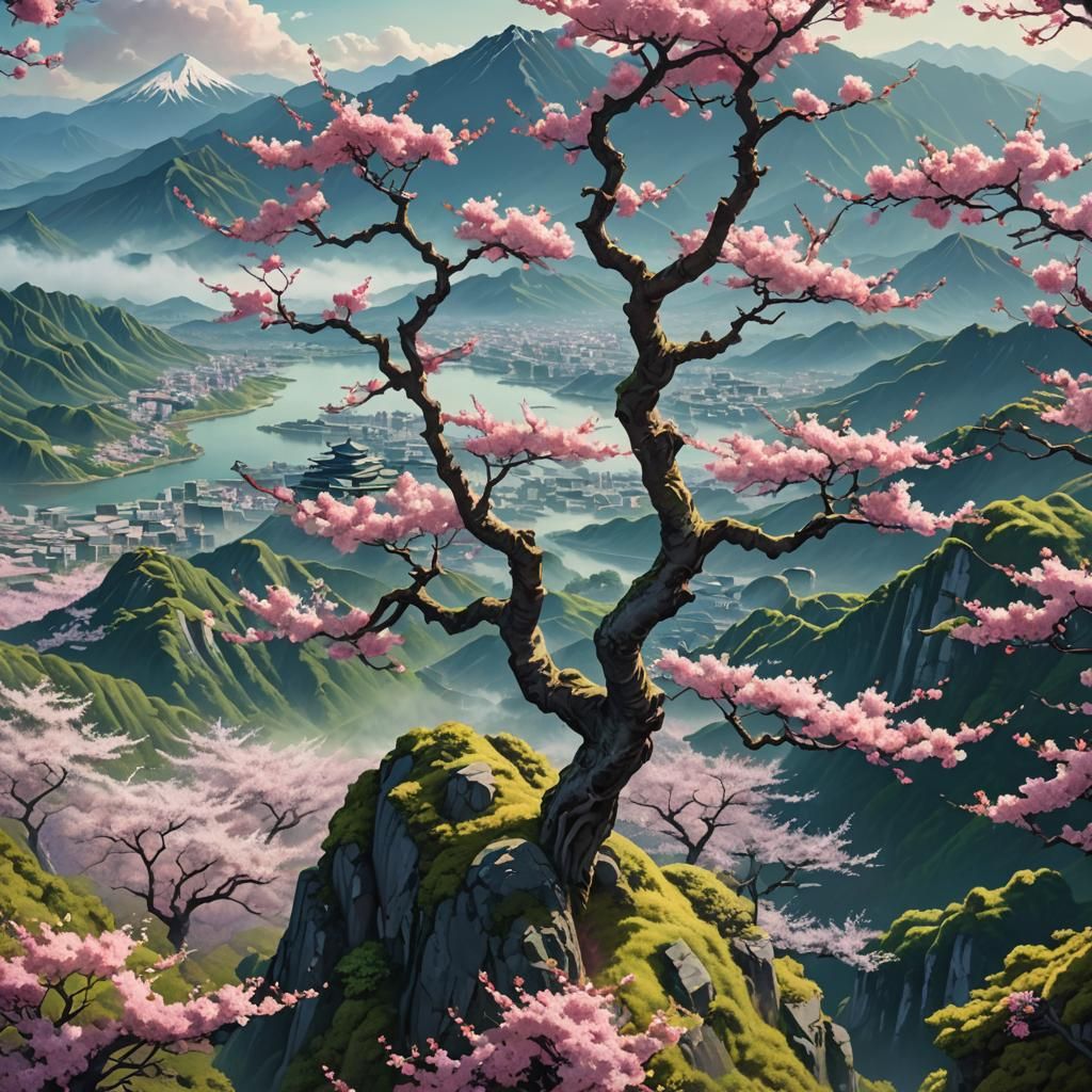 Japanese Pink Floral Tree on Misty Mountain