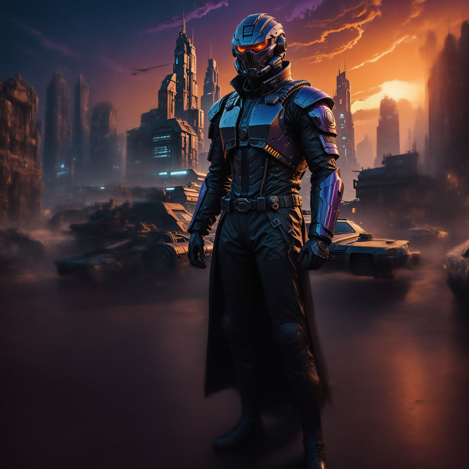 Cyberpunk Soviet Soldier in Dystopian Cityscape